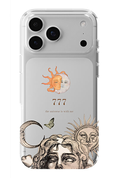 iPhone 17 Pro Max Uyumlu Güneş ve Ay 777 Desenli Şeffaf Telefon Kılıfı
