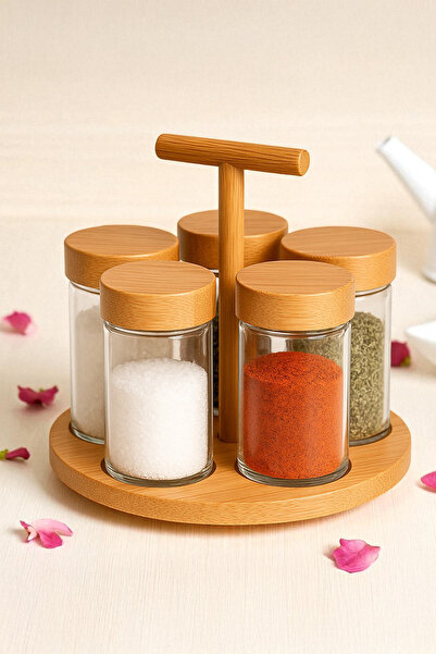 Home Mivora Cam 5-Piece Spice Rack Set with Bamboo Stand and Rotating Design