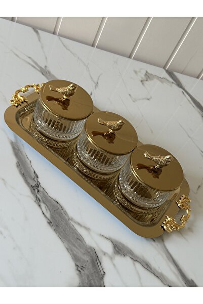 Melinda Bird Figured Gold Tray Glass Bowl with Gold Handle Detail Breakfast Jam Bowl Snack Bowl Set