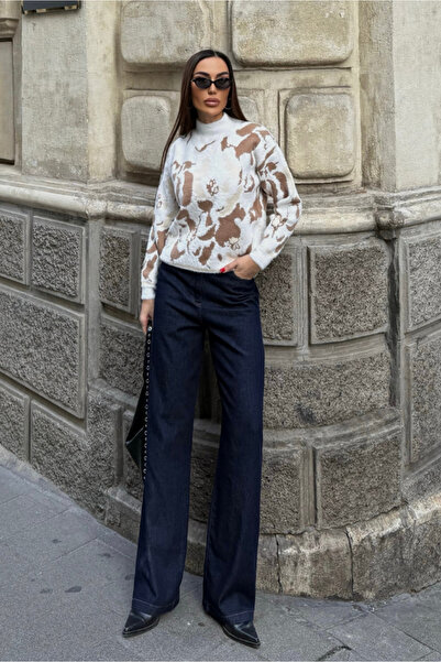 Fav Style Women's Mock Neck Patterned Textured Knitwear Sweater Cream