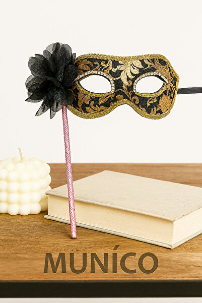 Munico 3 Adet Venedik Tarzı Siyah Balo Maskesi Dekoratif Çubuklu Renkli İşlem...