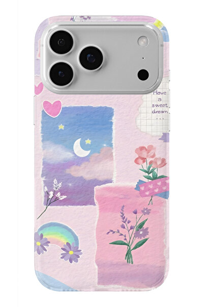 FLAMENKO iPhone 17 Pro Max Uyumlu Pastel Çiçekli Ay ve Gökkuşağı Desenli Şeff...