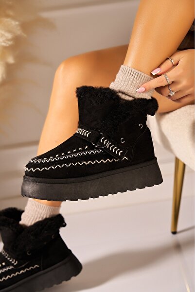 Joana Ghete de damă negre din piele întoarsă artificială, cu căptușeală din blană, Cherri