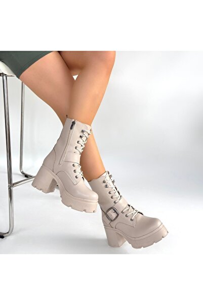 Optimum Trade Linma Beige Leather Lace-Up Heeled Boots - Lisinya