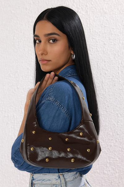 World Star Krem Trok Taşlı Deri Kadın Oval El Ve Omuz Çanta