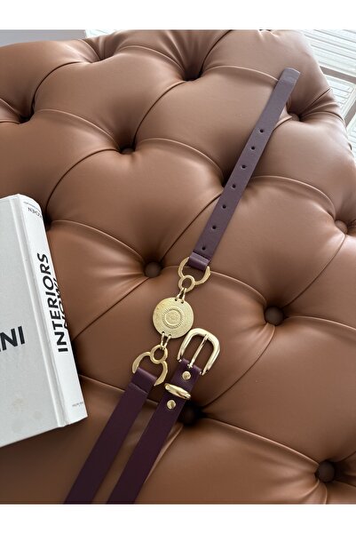 coaksco Women's Chain Detailed Gold Buckle Burgundy Belt