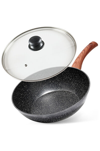 Other Patelnia wok granitowa ze szklaną pokrywką BLACK&WOOD 28 cm