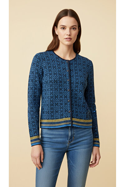 Digz fashion Blue Ethnic Patterned Buttoned Knitwear Cardigan