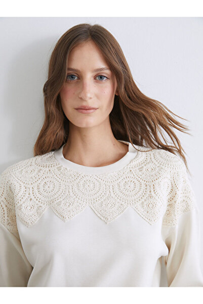 LC Waikiki Lcwaikiki Basicbeige Women's Sweatshirt Tunic with Crochet Detail