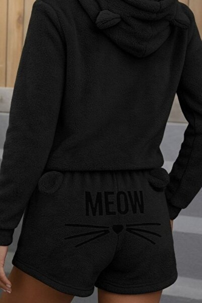 TUA MODA TUA MODA Kadın Uzun Kollu Kapşonlu Peluş Bluz Ve Kısa Short Ikili Takım