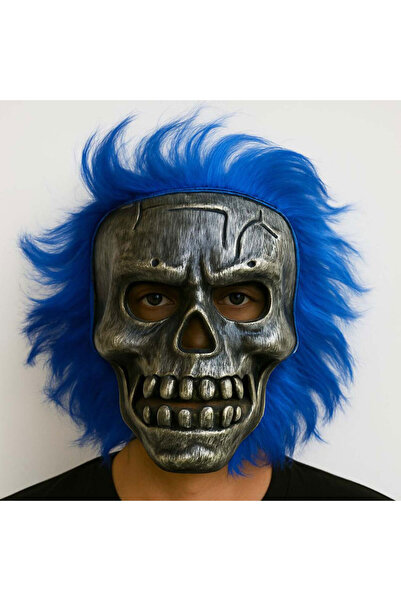 Skygo الجمجمة البرية - قناع هيكل عظمي ذو شعر أزرق على شكل جمجمة فضية