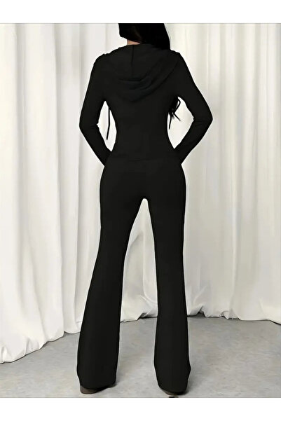 JANES Women's Long Sleeve Hooded Lace-Up Front Zipper Viscose Two Thread Blouse and Pants Two-Piece Set