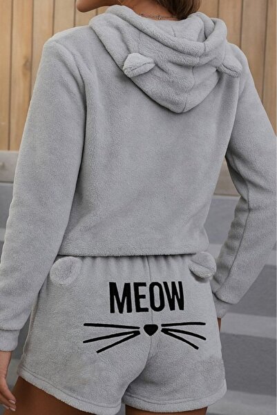 magic special Kadın Uzun Kollu Kapşonlu Peluş Bluz Ve Kısa Short Ikili Takım