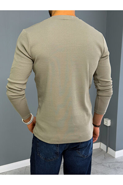 YUWEAR Haki Yeşil Essential Henley Düğmeli Uzun Kol T-Shirt