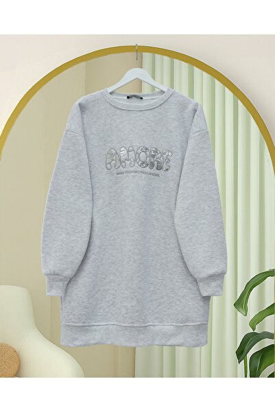 Modamorfo Three Thread Sweater with Sequin Detail and Text on the Front - Light Gray