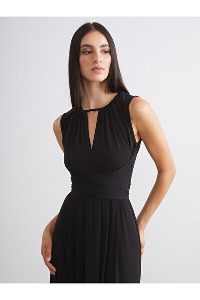 LC Waikiki Crew Neck Window Detail Gathered Evening Dress