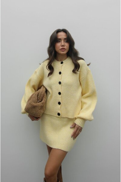 Havoş Yellow Crumpled Skirt Cardigan Set