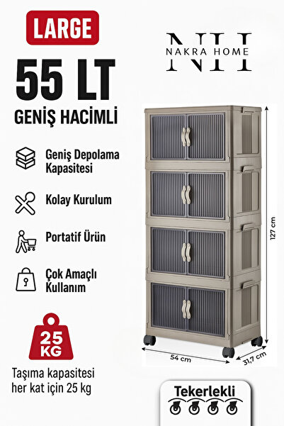 NAKRA HOME Katlanabilir 4 Katlı Tekerlekli Plastik Dolap – Çok Amaçlı Portati...