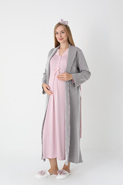 Lohussa Kadın Pudra Jakarlı Şal Yaka Tam Boy Kışlık Uzun Kol Özel Tasarım Loh...