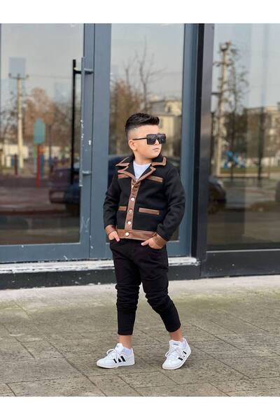 KINGDOM KIDS Erkek Çocuk Kışlık 3’lü Takım (Süet Ceket + Baskılı Tişört + Keten Pantolon)