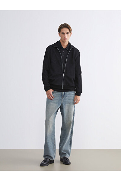 LC Waikiki Black Standard Fit Polo Neck Men's Zippered Sweatshirt