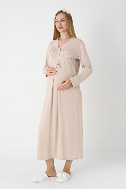 Lohussa Kadın Bej Jakarlı Şal Yaka Tam Boy Kışlık Uzun Kol Özel Tasarım Lohusa Hamile Sabahlık Gecelik Seti