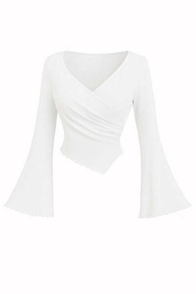 Wild Flower White Draped V-Neck Spanish Sleeve Asymmetrical Cut Blouse Stylish Top