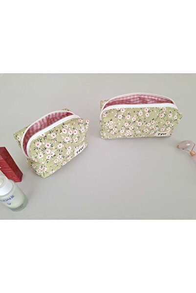 TALL WAY مجموعة من حقيبتين للمكياج بنمط الزهور الخضراء