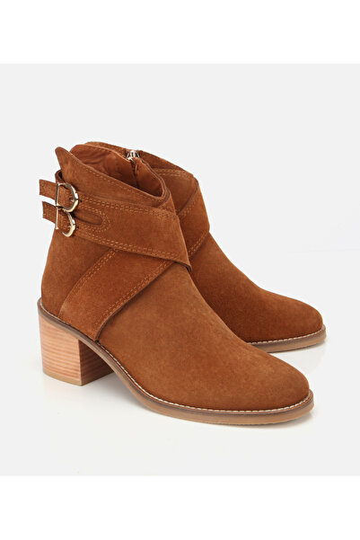 Hotiç Kadın Süet Deri Taba Gold Detaylı Tokalı Topuklu Bot