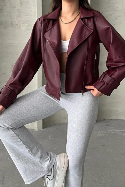 Jaglion جاكيت جلدي نسائي من Velisse بأكمام منفوخة باللون العنابي