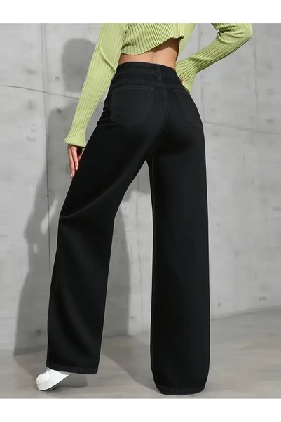 WODDİ Adel Women's Jeans 90's Wide Leg Black Super High-Waist Loose Jean Palazzo Denim Pants