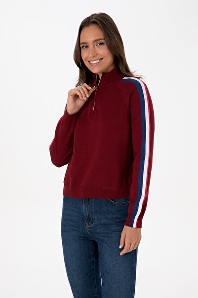 U.S. Polo Assn. Kadın Bordo V Yaka Fermuarlı Kazak 50314691-VR014