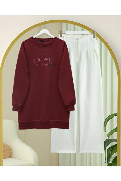 Modamorfo Three Thread Sweater with Sequin Detail and Script on the Front - Claret Red