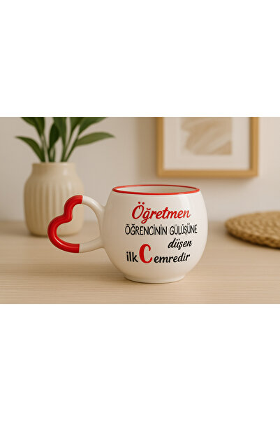 İZart Teachers' Day Handmade Ceramic Mug with Heart Handle and TEACHER'S SMILE PATTERN