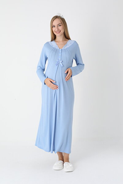 Lohussa Kadın Mavi Jakarlı Şal Yaka Tam Boy Kışlık Uzun Kol Özel Tasarım Lohusa Hamile Sabahlık Gecelik Set