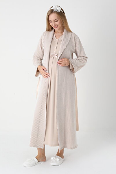 Lohussa Kadın Bej Jakarlı Şal Yaka Tam Boy Kışlık Uzun Kol Özel Tasarım Lohusa Hamile Sabahlık Gecelik Seti