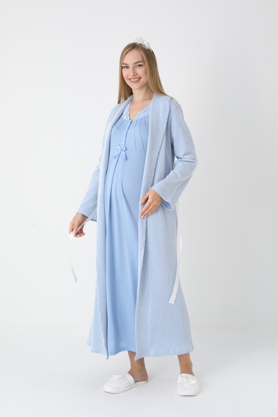 Lohussa Kadın Mavi Jakarlı Şal Yaka Tam Boy Kışlık Uzun Kol Özel Tasarım Lohusa Hamile Sabahlık Gecelik Set