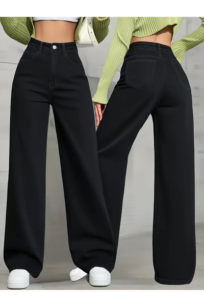 WODDİ Adel Kadın Jeans 90's Wide Leg Siyah Süper Yüksek Bel Salaş Jean Palazz...