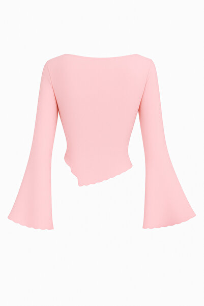 Wild Flower Pembe Drapeli V Yaka İspanyol Kol Asimetrik Kesim Bluz Şık Üst