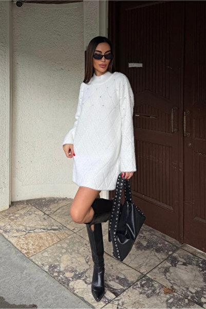 Fav Style Rochie mini pentru femei guler ridicat cu model Baklava cu pietre aplicate cu textura moale, albă