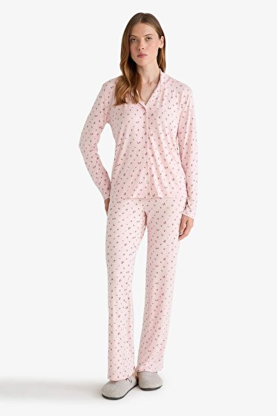 DeFacto Pijama Takımı Regular Fit Desenli Uzun Kollu Üst Uzun Alt-Fall in Love G0228AX25AU