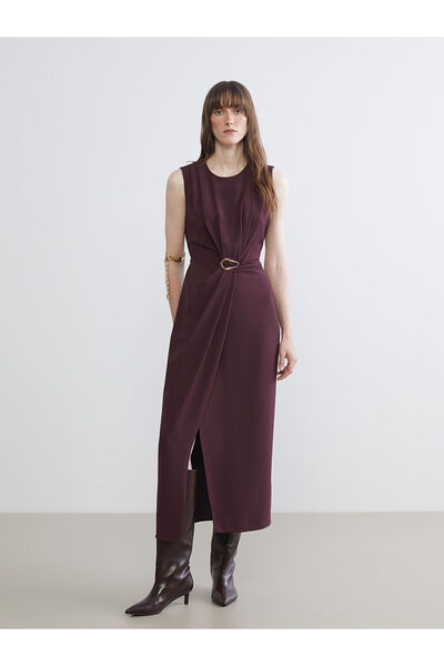 LC Waikiki Gencc Quality Lcw Vision Burgundy Dobby Plain Narrow & Slim Oval Collar Long Dress