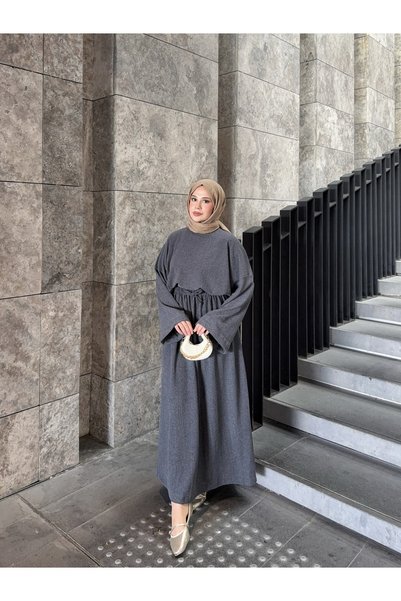 Moda Lippa Kadın Örme Gri Etekli Salaş Takım