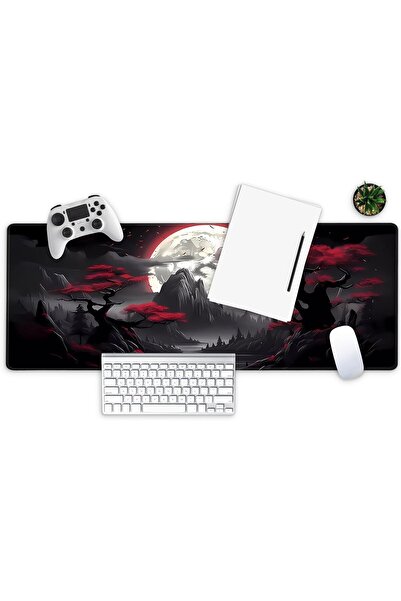 KASTWAVE Extended Gaming Mouse Pad 31.5×11.8 in - Anime Red Moon, Non‑Slip, Stitched Edges
