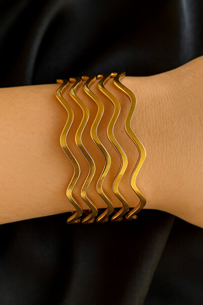 Feyloriana Altın Renk 5 Adet 22 Ayar Kaplama Zikzak Ajda Bilezik Bileklik 22 Cm.