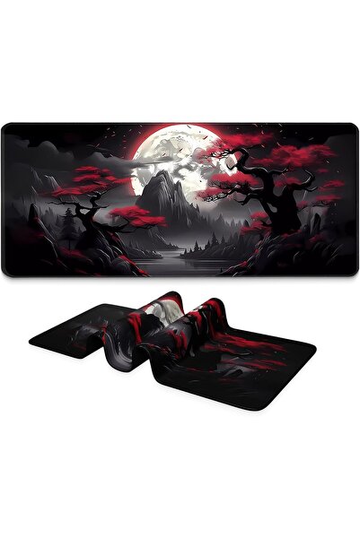 KASTWAVE Extended Gaming Mouse Pad 31.5×11.8 in - Anime Red Moon, Non‑Slip, Stitched Edges