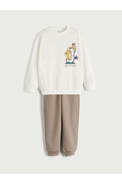 LC Waikiki Bej Bisiklet Yaka Erkek Çocuk Sweatshirt Ve Eşofman Alt