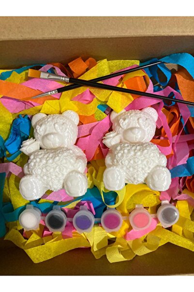 Mynivora Sevgiliye Hediye 2 Adet Gül Desenli Kalpli Ayıcık Boyama Seti –7 cm 6 Renk Akrilik Boya+2 Fırça