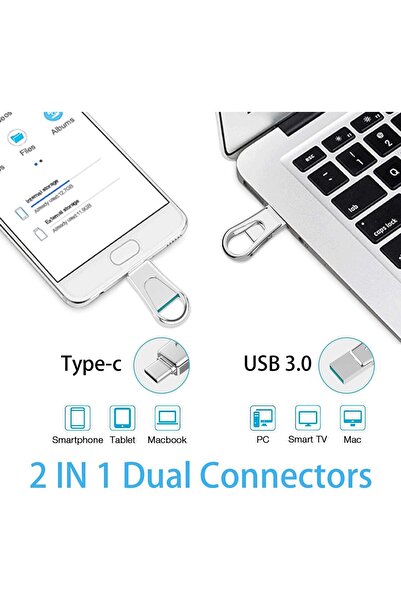 BIGTHREE 64GB USB C Dual-Interface USB 3.0 Flash Drive with Keyring - Silver