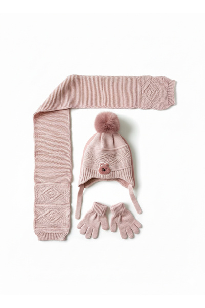 Kitti 1-4 Yaş Kız Çocuk Atkı-Bere-Eldiven-Açık Pembe